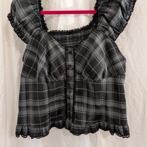 ROMWE Black Plaid Ruffled Y2K Blouse
